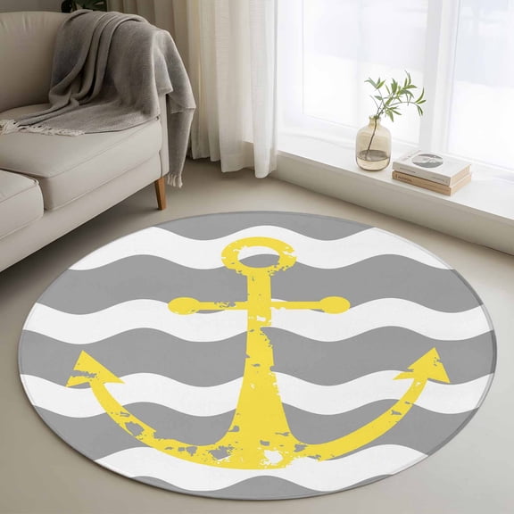 Yellow Nautical 4' Round Rug for Cozy Reading Nook Home Office Chair Area, Anchor Grey Wavy Stripes Washable Non Slip Circle Area Rug