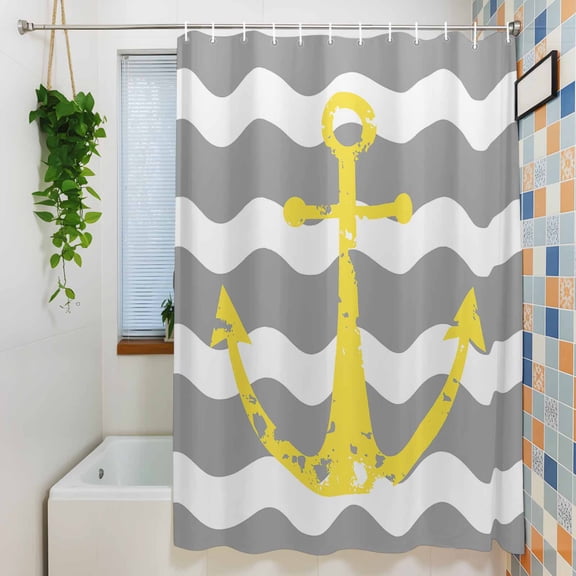Yellow Nautical Anchor on Grey White Chaven Stripes Shower Curtain for Bathroom, Zig Zag Lines Waterproof Shower Curtains Washable Quick Dry with Hooks Bathtub Curtains 36x72IN
