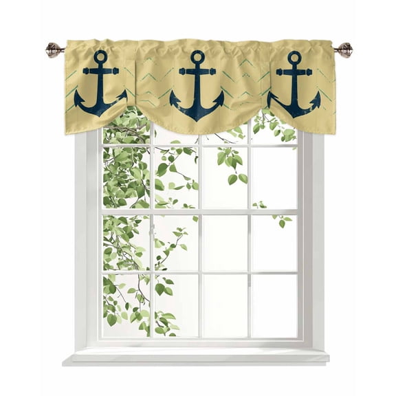 Yellow Nautical Anchor Tie Up Valances Curtain, Adjustable Kitchen Coastal Line Vintage Mottled Texture Valances for Windows Decor, Rod Pocket Short Curtains Set for Bedroom/Bathroom, 42"x18"