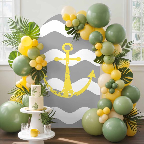 Yellow Nautical Arch Backdrop Cover, 4FT, Anchor Grey Wavy Stripes Spandex Arch Covers Double-Sided Backdrop for Wedding Birthday Party Photo Background Decoration