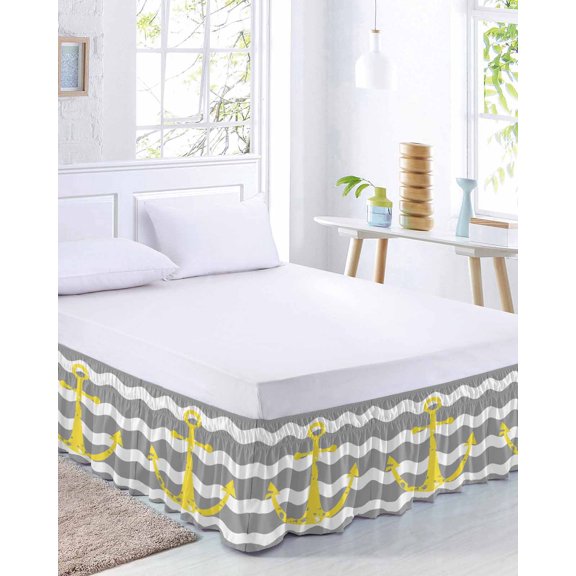 Yellow Nautical Bed Skirt King Size 16 Inch Drop, Anchor Grey Wavy Stripes Adjustable Elastic Dust Ruffles Bedskirt for King Bed Wrap Around Pleated Mattress Frame Cover