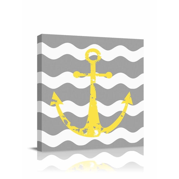 Yellow Nautical Canvas Wall Art, Anchor Grey Wavy Stripes Framed Wall Decor Modern Artwork Prints Painting for Living Room, Bedroom, Kitchen & Cafe Decor 24x24 Inch