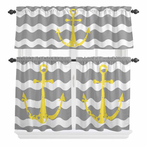 Yellow Nautical Curtain Valances Set Anchor Grey Wavy Stripes Kitchen Curtains 24 inch Length Rod Pocket Valance and Tiers 3 Piece Set Small Bedroom Bathroom Laundry Decor