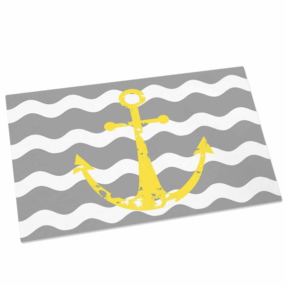 Yellow Nautical Door Mat 16x24 Inch Anchor Grey Wavy Stripes Entryway Rug with Non-Slip Rubber, Front Door Rug Indoor Floor Mats for Living Room Bathroom Bedroom Home Office