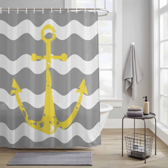 Yellow Nautical Fabric Shower Curtain for Bathroom Waterproof Polyester Bath Curtain with 12 Hooks Anchor Grey Wavy Stripes Washable Shower Curtain with Grommets 72"x72"