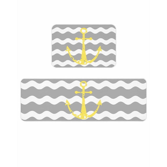 Yellow Nautical Kitchen Mats for Floor 2 Piece, Anchor Grey Wavy Stripes Absorbent Non-Slip Kitchen Rugs Comfort Standing Mat for Laundry, Hallways 20"x24"+20"x48"