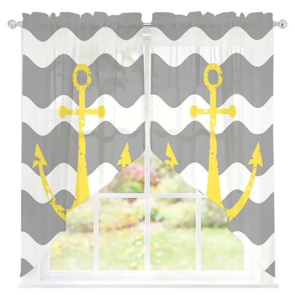 Yellow Nautical Sheer Curtains Swag Valances for Windows Anchor Grey Wavy Stripes Rod Pocket Swag Curtain Small Window Curtain for Kitchen Living Room Bedroom, 1 Pair 36"W x 36"L
