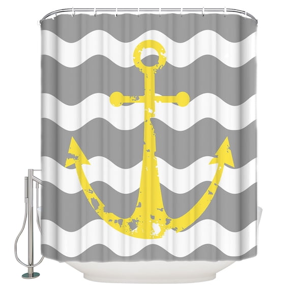 Yellow Nautical Shower Curtain, 72" x 72", Anchor Grey Wavy Stripes Waterproof Bathroom Curtain Washable Shower Curtain Set with 12 Hooks