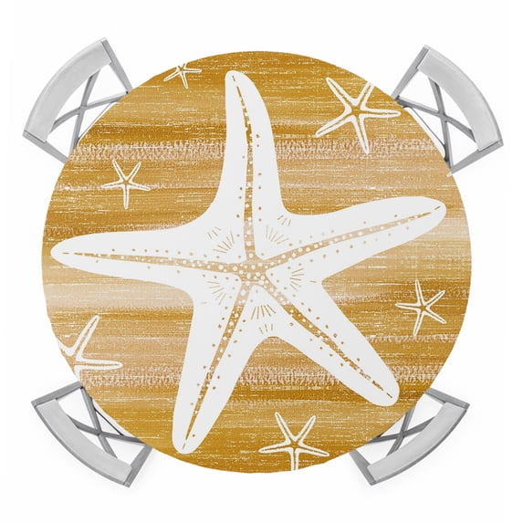 Yellow Nautical Starfish Round Table Cover, Coastal Modern Summer Marine Life Waterproof Fitted Tablecloths for 36"-44" Tables, Washable Picnic Table Cover for Camping Dining Indoor Outdoor