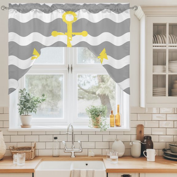 Yellow Nautical Swag Curtain Valance for Windows, Anchor Grey Wavy Stripes Swag Curtains Drapes Rod Pocket for Kitchen Bathroom Small Window, 1 Panel 56x36in