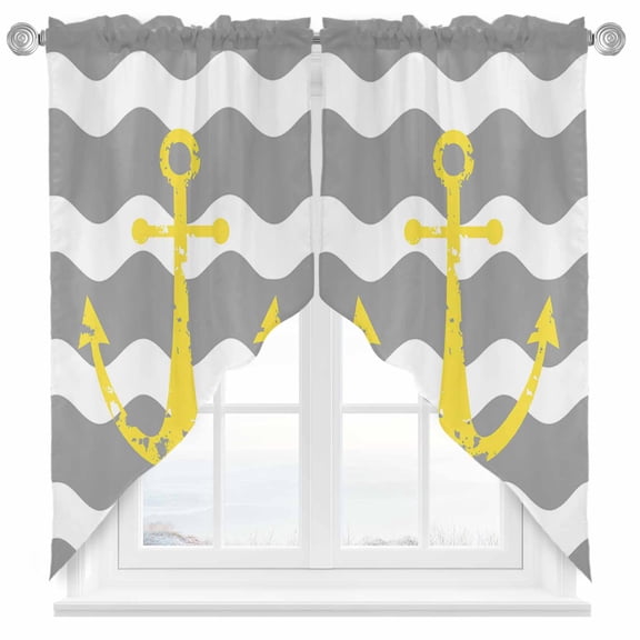 Yellow Nautical Swag Valances for Windows 2 Pack Anchor Grey Wavy Stripes Swag Kitchen Curtains 36 Inches Long Rod Pocket Short Window Treatment for Kitchen Bathroom 36"x36"