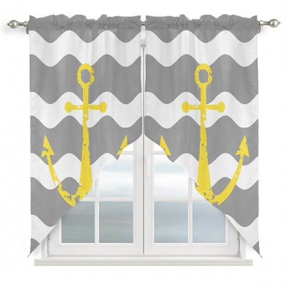Yellow Nautical Swag Valances for Windows 36 inches Long, Anchor Grey Wavy Stripes Swag Curtains Privacy Light Filtering Curtain Tiers for Kitchen Bathroom 36" W x 36" L, 2 Panels