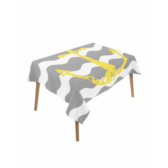Yellow Nautical Table Cloth 52x70 Inch Rectangle, Anchor Grey Wavy Stripes Waterproof Tablecloth Washable Table Cover for Party Picnic Dinner Decor
