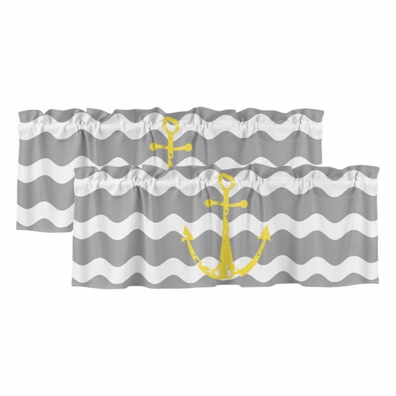 Yellow Nautical Valances for Windows 2 Panels Anchor Grey Wavy Stripes Rod Pocket Kitchen Curtain Valance Small Window Treatment for Living Room Bathroom Bedroom Over Sink 42x18 Inch