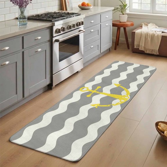 Yellow Nautical Washable Runner Rug 3X5 ft Anchor Grey Wavy Stripes Non-Slip Hallway Runner Rug, Linen Kitchen Runner Mats, Indoor Floor Carpet for Entryway Bathroom Bedroom Living Room