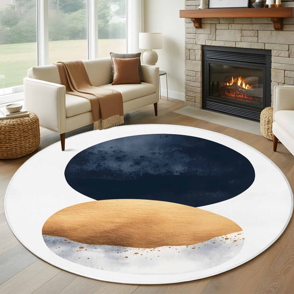 Yellow Navy Blue Abstract Art Round Rug 5ft Washable Circle Kitchen Rugs Non Slip Contemporary Luxury Large Area Rug Indoor Floor Carpet for Bedroom Living Room Home Office Dining Room Nursery