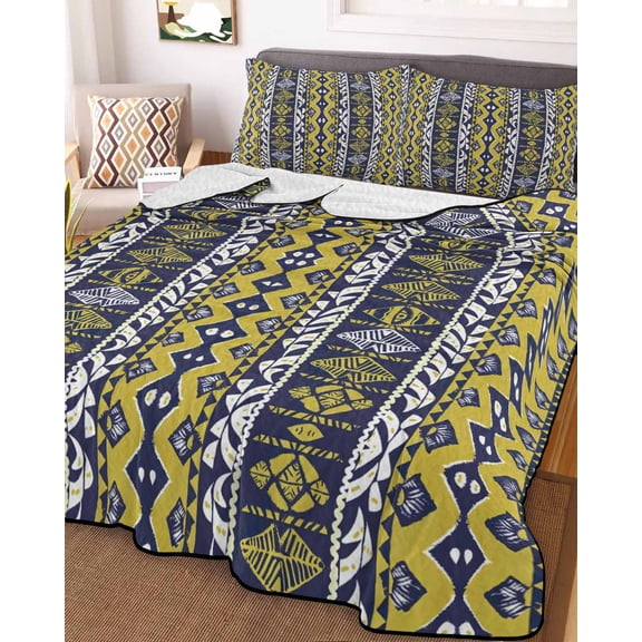 Yellow Navy Blue Geometric Full Size Down Alternative Comforter, Lightweight Comforter Quilt Bedding Set with Pillow Shams Southwestern Ethnic Boho All Seasons Bed Comforter Duvet Insert 78"x90"