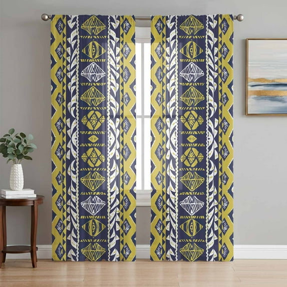 Yellow Navy Blue Geometric Sheer Curtains 84 Inch Length 2 Panels Set, Southwestern Ethnic Boho Voile Window Treatment Rod Pocket Curtains Sheers Drapes for Bedroom/Living Room/Kitchen 52"x84"x2
