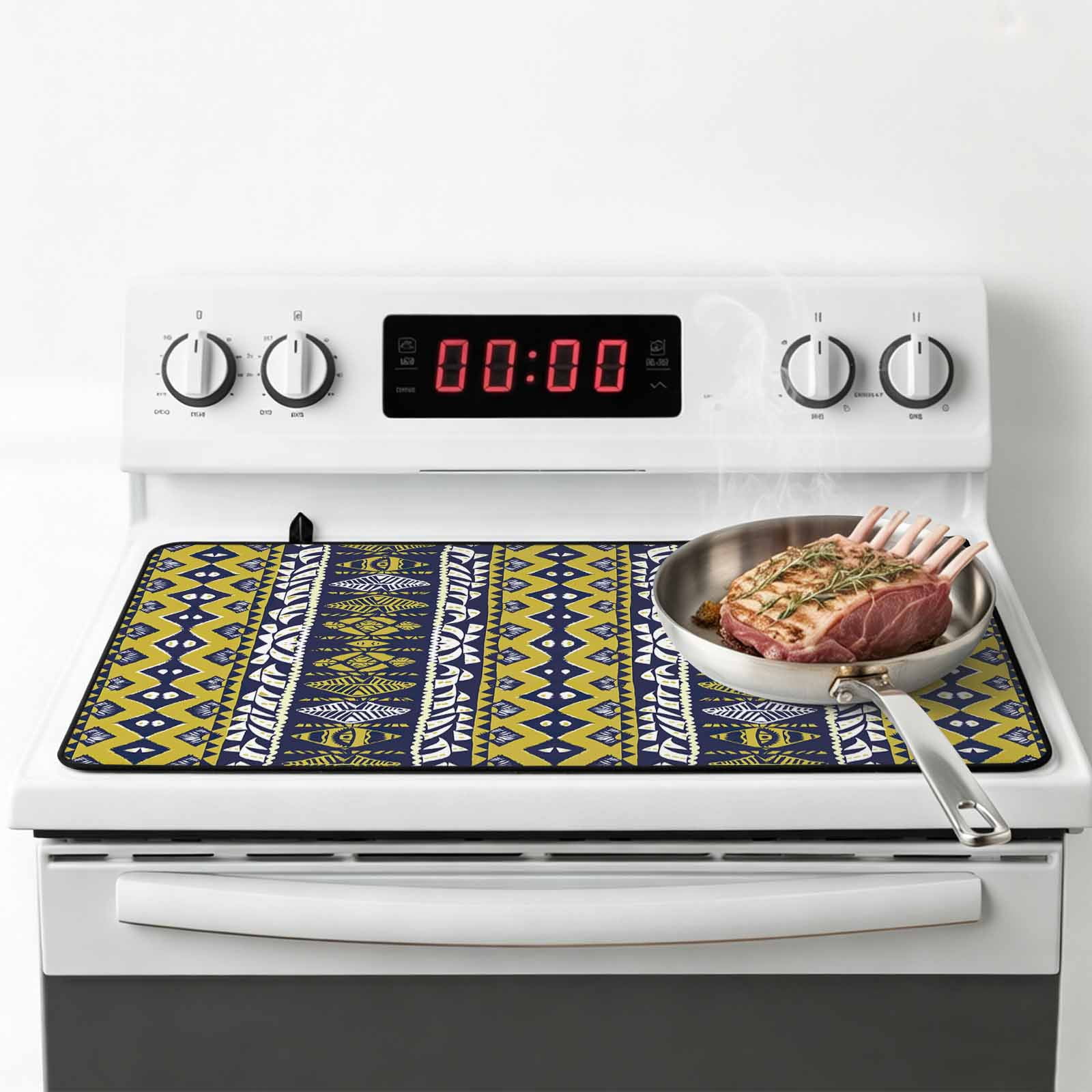 Yellow Navy Blue Geometric Stove Top Cover for Electric Stove, Heat-proof & Non Slip Glass Top Stove Cover Protector, Southwestern Ethnic Boho Kitchen Flat Cooktop Rubber Mat 24x21 Inches