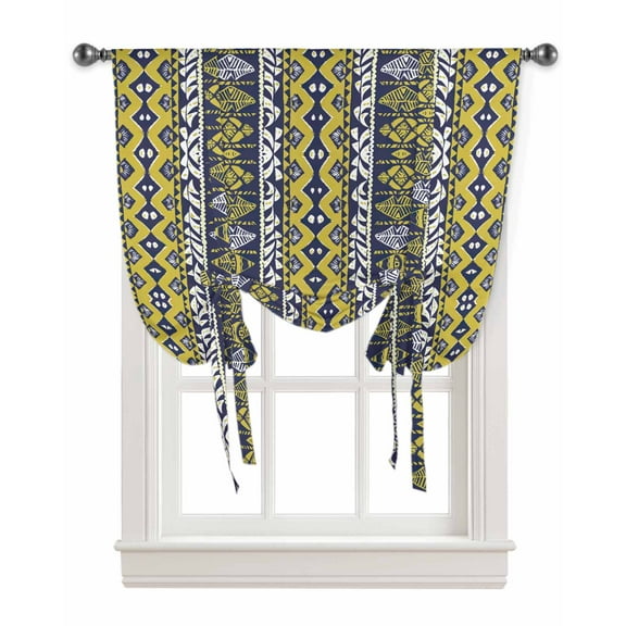 Yellow Navy Blue Geometric Tie Up Curtains for Kitchen Bathroom Bedroom Windows 45 Inch Length, Southwestern Ethnic Boho Balloon Drape Curtains Shade Rod Pocket Drapery Curtain Panel, 34"x45"