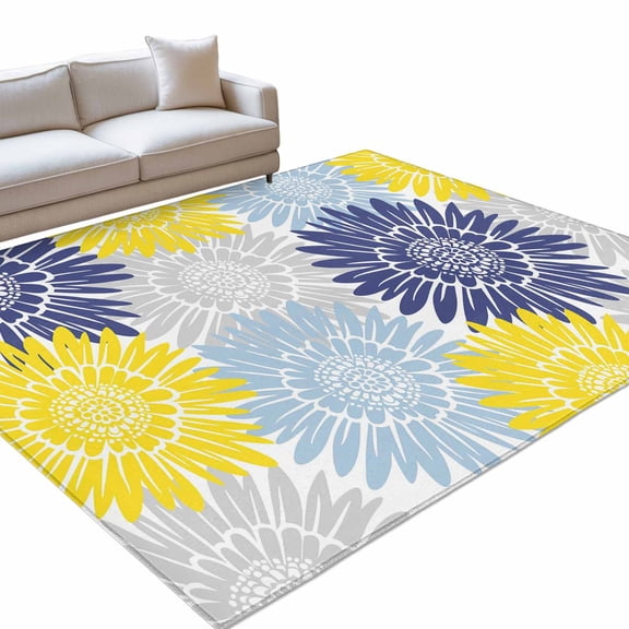 Yellow Navy Blue Gray Sunflower 6x9ft Non Slip Area Rug Abstract Blooming Floral Washable Soft Area Rugs for Living Room, Indoor Circle Carpet for Bedroom Dining Room Kitchen