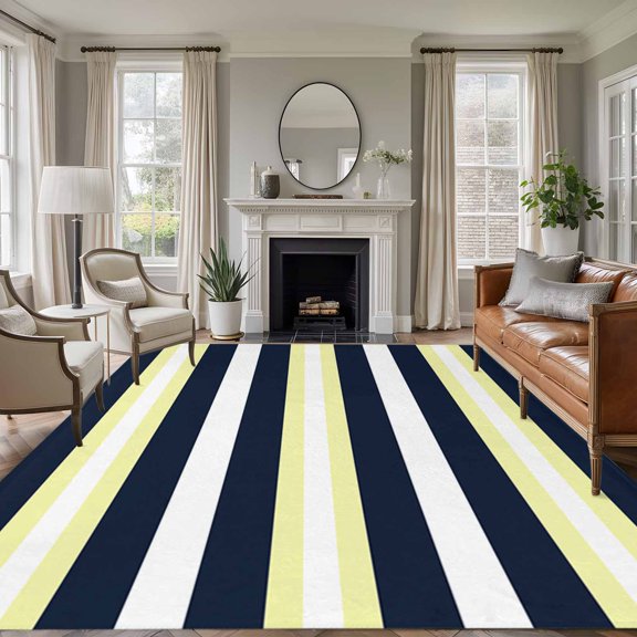 Yellow Navy Blue Stripe 8'x10' Large Area Rug for Living Room Sectional Sofa, Modern Abstract Washable Non Slip Low Pile Rectangle Area Rug