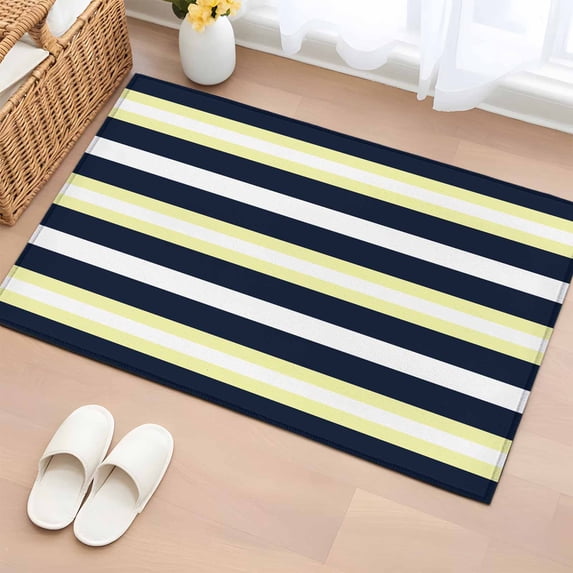 Yellow Navy Blue Striped Bathroom Rug Washable 2x3 Entryway Rug Non Slip Neutral Minimalist Lines Front Door Mat Low Pile Indoor Doormat Throw Floor Carpet for Kitchen Bedroom Entrance