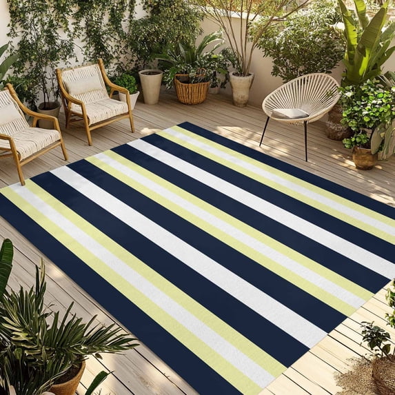 Yellow Navy Blue Striped Outdoor Rug 4x6 Ft - Reversible Patio Rug Outdoor Camping Rugs, Neutral Minimalist Lines Washable Indoor Outdoor Area Rugs, Non-Slip Outdoor Carpet Runner for Deck/Porch