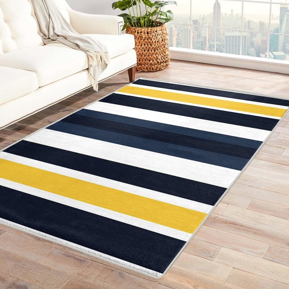 Yellow Navy Striped Area Rug, Minimalist Stripe Pattern Carpet, Washable Non Slip Low Pile Soft Thin, Living Room Bedroom Study Office Entrance Home Decor Mat 5x8ft