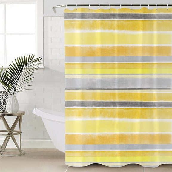 Yellow Nordic Style Stripes Standard Shower Curtain Set, Waterproof Shower Curtains for Bathroom, Yellow Gray Texture Washable Fabric Cloth Bath Curtain for Bathtub Decoration with Hooks 72x72 Inches