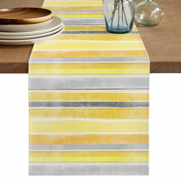 Yellow Nordic Style Stripes Table Runner 70 Inches Long, Yellow Gray Texture Cotton Linen Table Runners Dresser Scarves, Decorative Fabric Tabletop Scarf Furniture Cover for Home Dinner Party 13"x70"