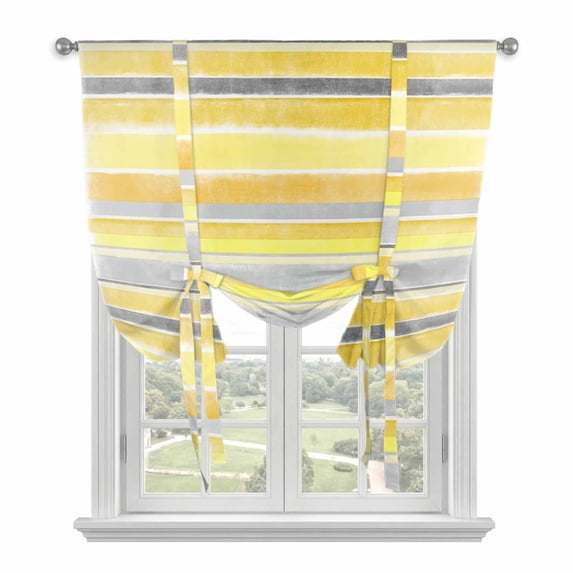Yellow Nordic Style Stripes Tie Up Curtains for Kitchen Windows,Adjustable Rod Pocket Valance 45 Inch Short, Yellow Gray Texture Window Treatment Balloon Roman Blind Shade, 42" x 45"