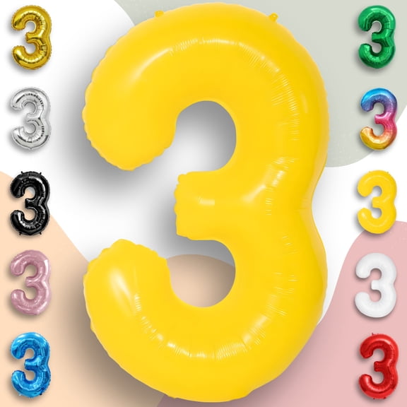 Yellow Number Balloon 3 Mylar Foil Macaron Balloons 40 inch - Helium/Air Inflatable Metallic Lemon Yellow Balloon Numbers - 3rd Birthday Party Decor