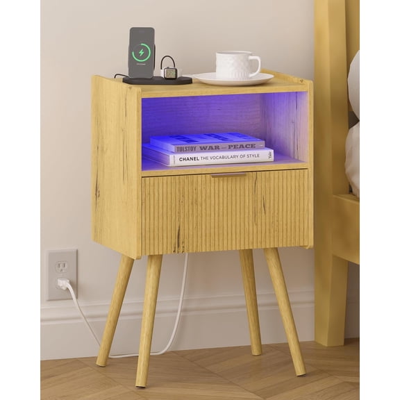 Yellow Oak Nightstand, Modern Bedside Table with Station & LED Lights, Plus Storage Drawer, Open Shelf and Solid , for The Living Room, Bedroom & Small Spaces
