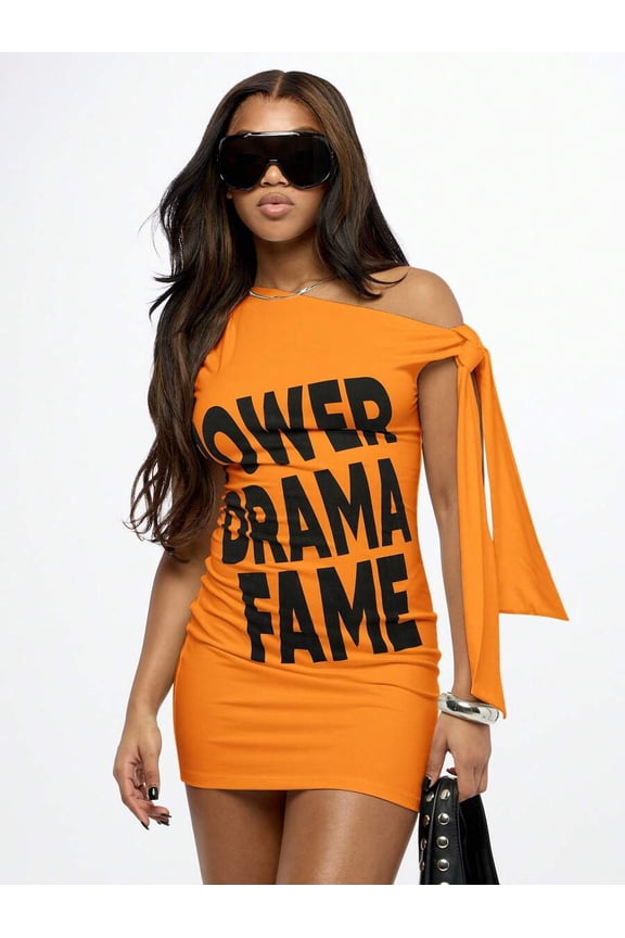 Yellow Off Shoulder Graphic Print T-Shirt Mini Dress Statement Text Party Club Casual Urban Street Style