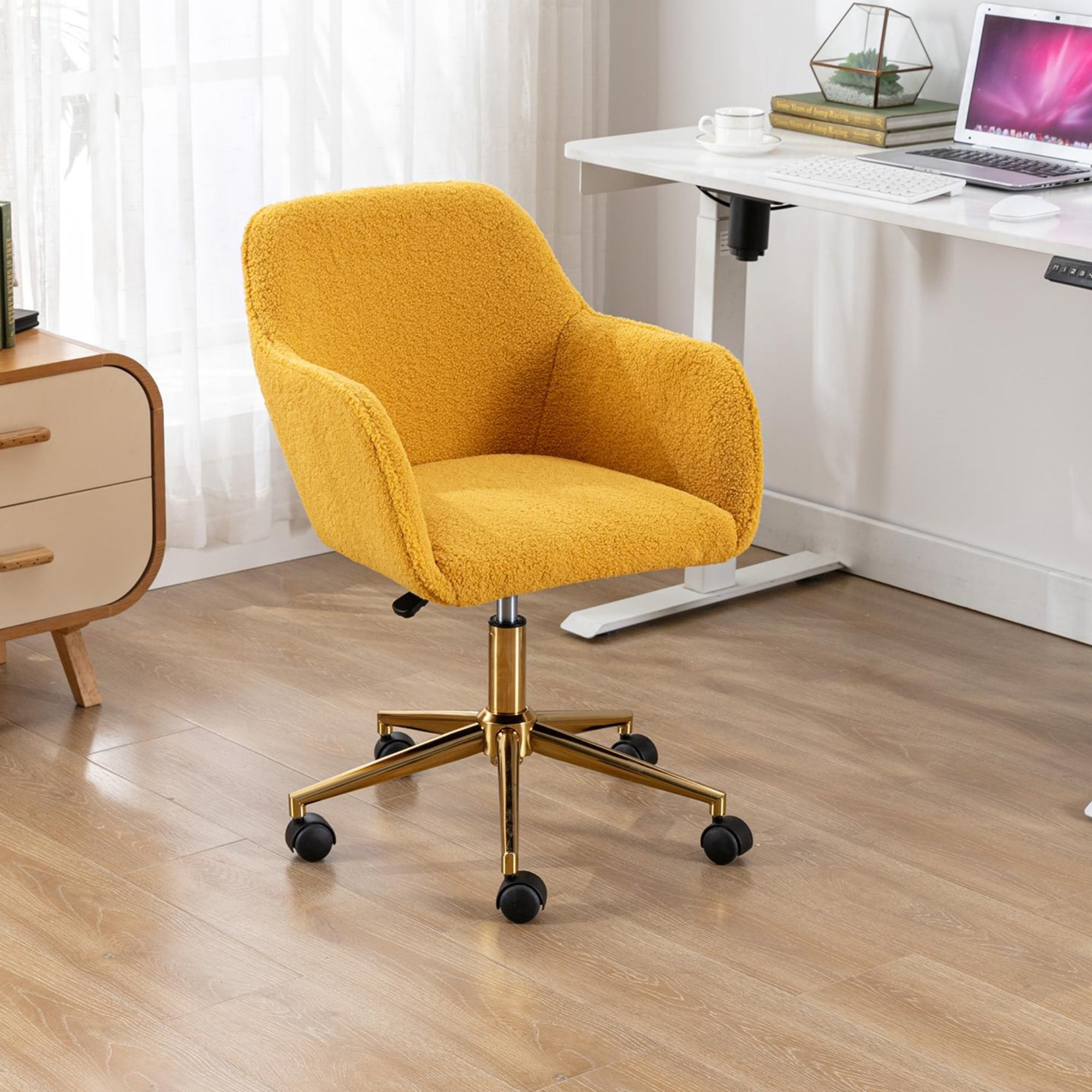 Yellow Office Chair,Swivel Home Office Chair with Wheels,Modern Teddy Vanity Task Computer Chair with Adjustable Height