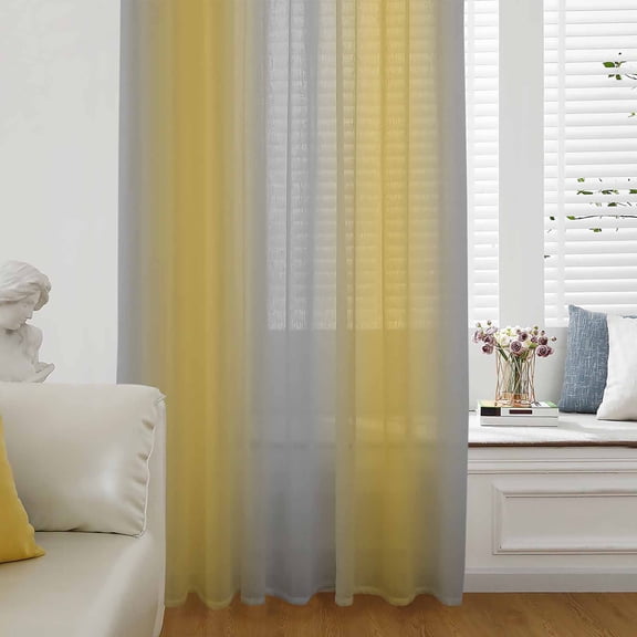 Yellow Ombre Semi Sheer Curtains Drapes for Living Room, Bedroom, French Doors Window 45 Inches Long, Grey Modern Art Farmhouse Rod Pocket Chiffon Curtain Drapery Voile Draperies Panel