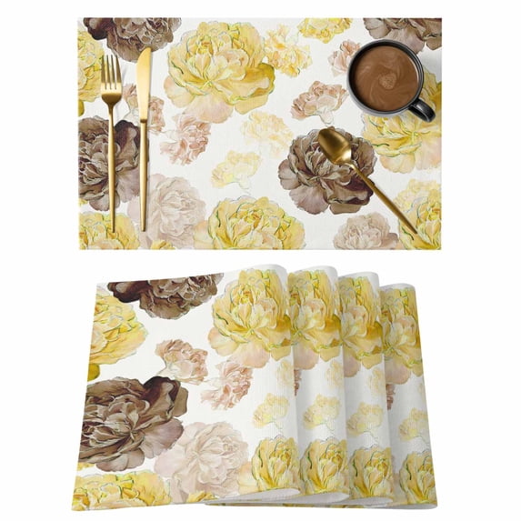 Yellow Ombre Spring Floral Placemats Set of 12 Summer Botanical Flowers Place Mats Indoor Wipeable Table Mats Washable Cloth Dining Table Placemats for Kitchen Holiday Party Home Decor 13x19 Inch