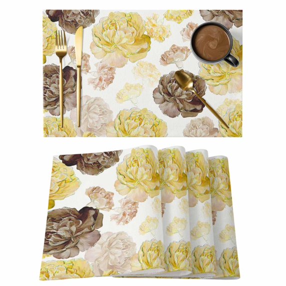 Yellow Ombre Spring Floral Placemats Set of 4, Summer Botanical Flowers Placemats for Dining Table, Place Mats for Kitchen Tabletop, Waterproof Wipeable Dining Table Mats Set
