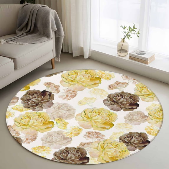 Yellow Ombre Spring Floral Round Area Rug 3.3Ft Washable Circle Rugs for Dining Room Table, Summer Botanical Flowers Non-Slip Carpet Floor Mats Indoor Outdoor Carpet Runner Aesthetic Home Decor