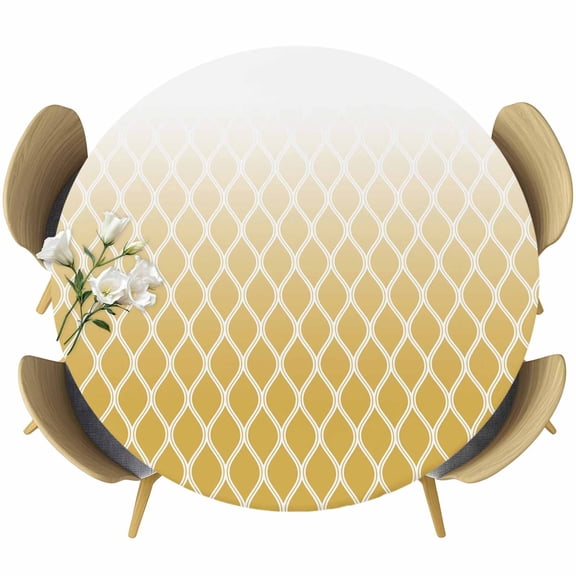 Yellow Ombre Stripe Round Tablecloth 55-60 Inch Round Fitted Table Cloth with Elastic Edge, Modern Abstract Art Gradient Striped Waterproof Table Cover Protector for Outdoor Picnic Party Dining