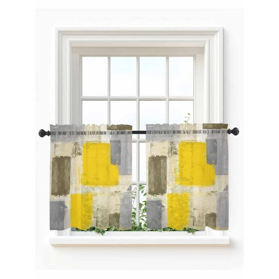 Yellow Ombre Tier Curtains 36 Inch Length,Sheer Curtains for Bedroom Living Room,Rustic Chic Abstract Gradient Plaid Art Rod Pocket Voile Drapes Kitchen Curtains Small Half Window 27.5"x36" 2 Panels