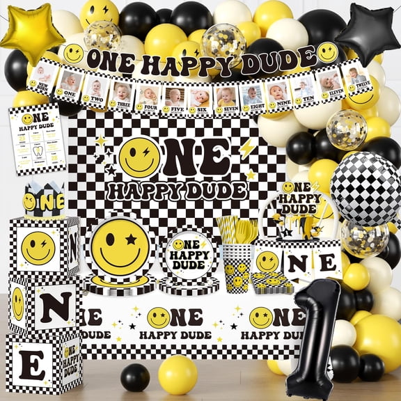 Yellow One Happy Dude Birthday Decorations with 20pcs Plates, Napkins, 2pcs Tablecloth, Balloon Arch for Boy, 20 Guests