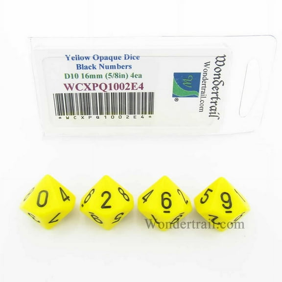 Yellow Opaque Dice with Black Numbers D10 Aprox 16mm (5/8in) Pack of 4 Wondertrail