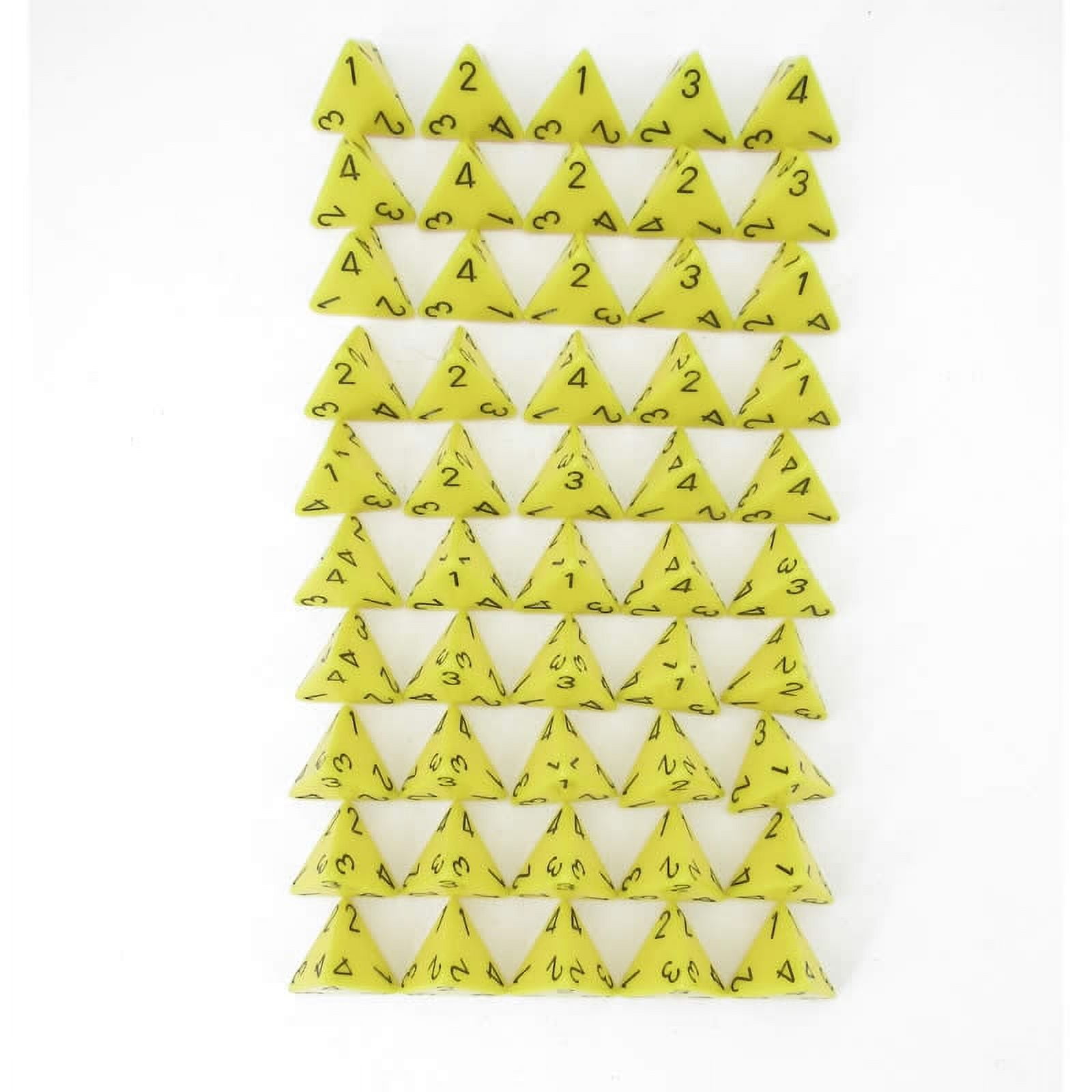 Yellow Opaque Dice with Black Numbers D4 Aprox 16mm (5/8in) Pack of 50 Wondertrail
