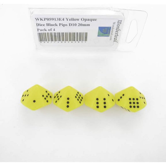 Yellow Opaque Dice with Black Pips D10 20mm (25/32in) Pack of 4 Wondertrail