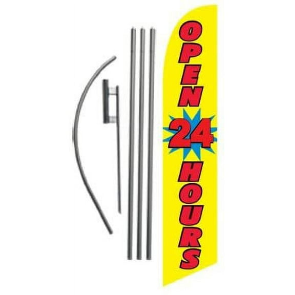 Yellow Open 24 Hours Advertising Feather Banner Swooper Flag Sign with Flag Pole Kit and Ground Stake