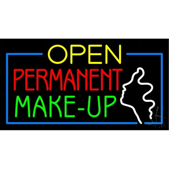 Yellow Open Permanent Make Up Blue Border LED Neon Sign 13 x 24 - inches, Black Square Cut Acrylic Backing, with Dimmer - Bright and Premium built indoor LED Neon Sign for Spa decor and storefront.