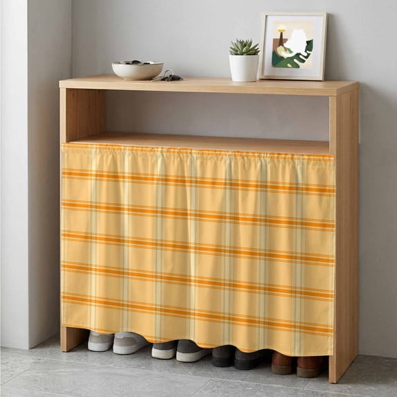 Yellow Orange Checkered Cabinet Curtain 35"Wx35"L,Dustproof Under Sink Skirt W/ Self Adhesive Tape,Farmhouse Buffalo Plaid Striped Cabinet Curtain Cover for Kitchen Sink,Bathroom Vanity,Laundry Room