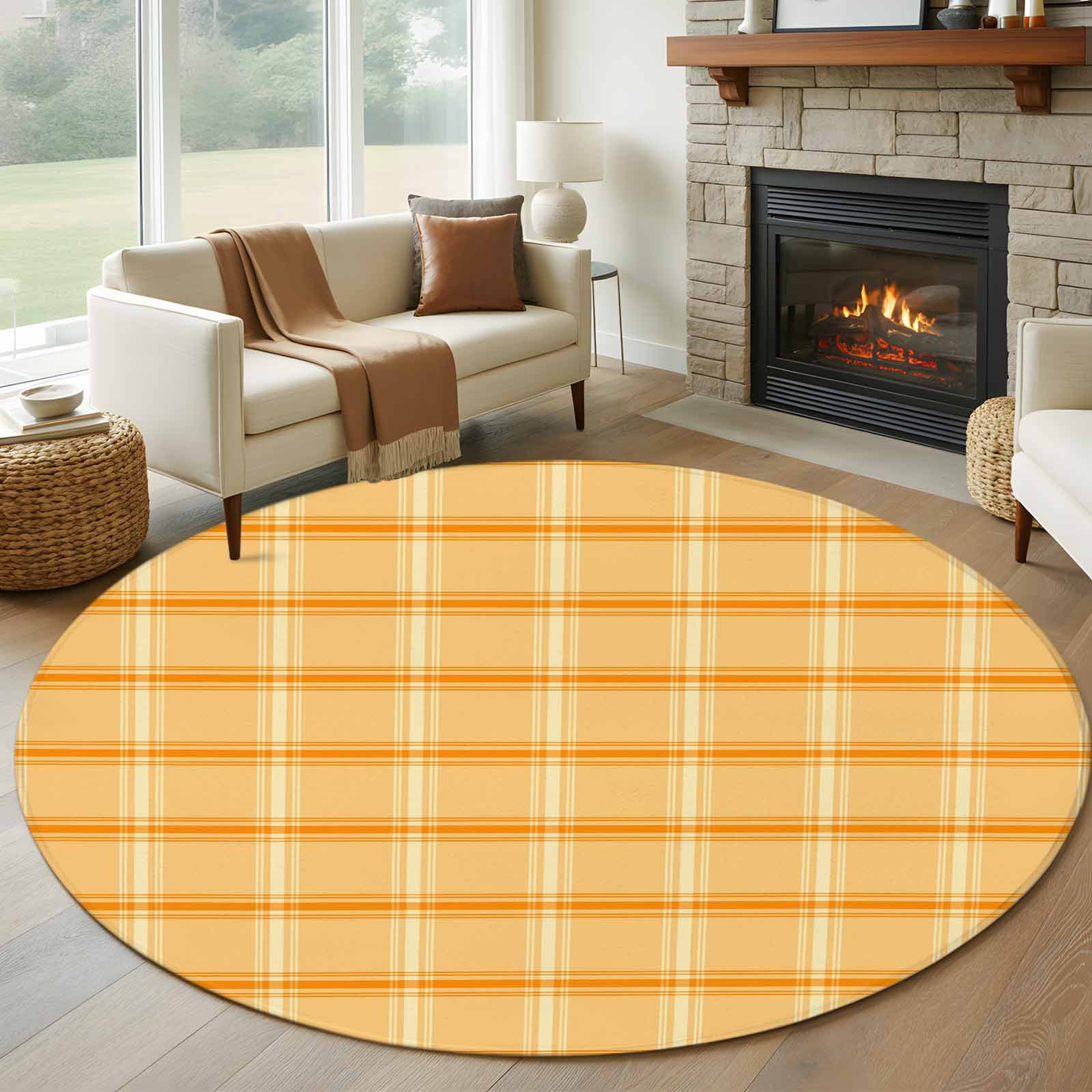 Yellow Orange Checkered Round Area Rug 5 FT, Non Slip Bedroom Area Rug, Farmhouse Buffalo Plaid Striped Washable Soft Circular Carpet Non-Shedding Floor Mat for Kitchen Dining Room Foyer Balcony Dorm